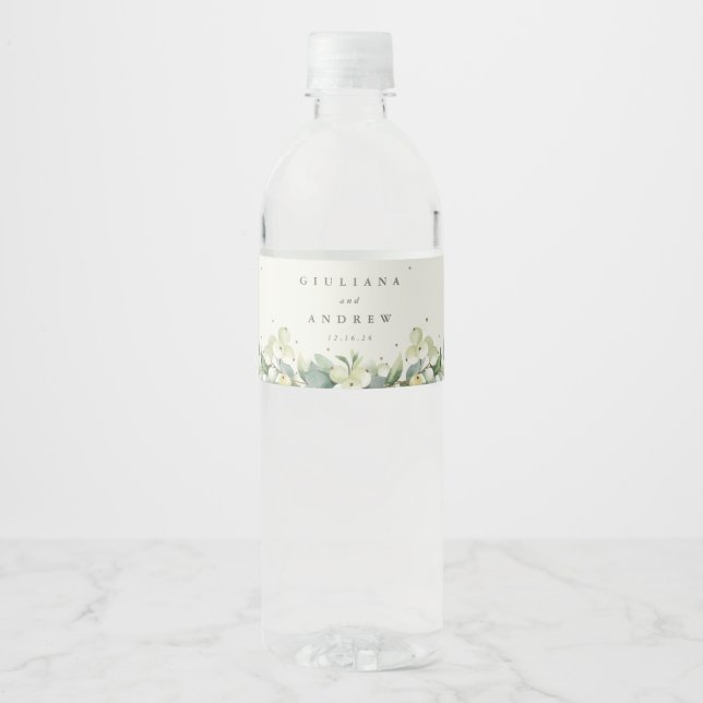 Cream Snowberry+Eucalyptus Winter Wedding Vattenflaska Etikett (Framsida)