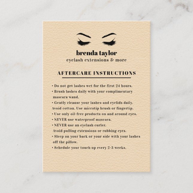 Cream Suede Eyelash Browbar Aftercare Instructions Visitkort (Framsida)