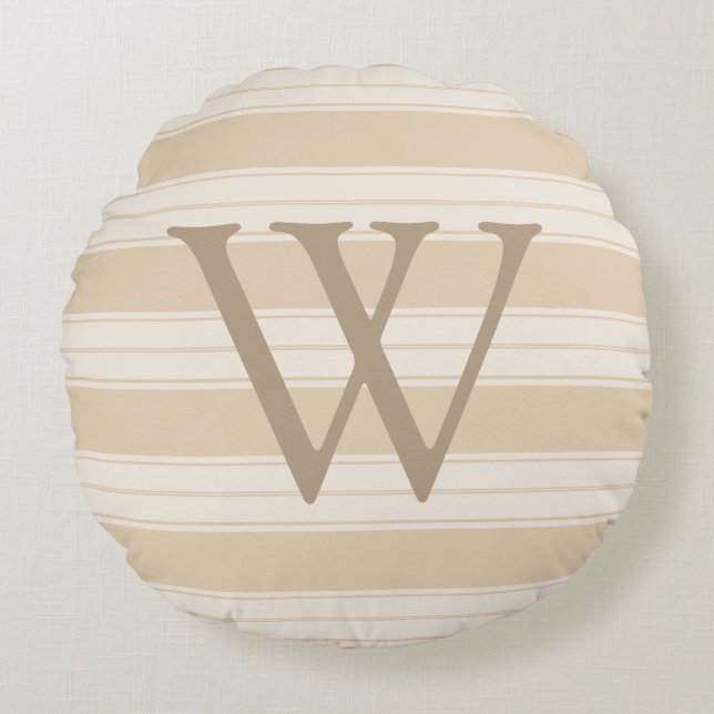 Cream & Tan Fransk Rand Taupe Initial Brev Rund Kudde (Framsidan)