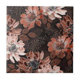 Cream, terakote-blommor på mörkens bruna bakgrund kakelplatta