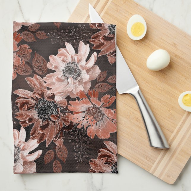 Cream, terakote-blommor på mörkens bruna bakgrund kökshandduk (Vikt i Fjärdedel)
