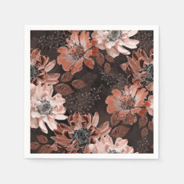 Cream, terakote-blommor på mörkens bruna bakgrund pappersservett