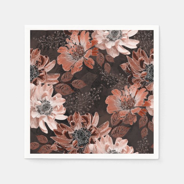 Cream, terakote-blommor på mörkens bruna bakgrund pappersservett (Framsidan)