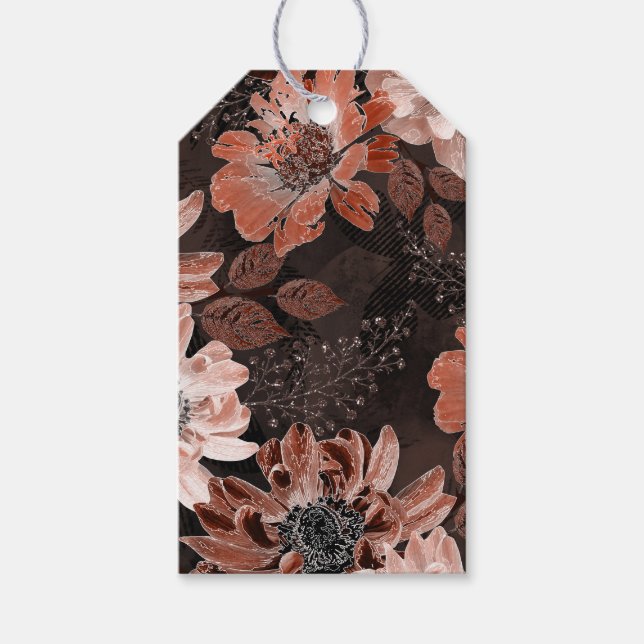 Cream, terakote-blommor på mörkens bruna bakgrund presentetikett (Framsidan)