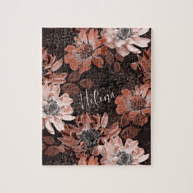 Cream, terakote-blommor på mörkens bruna bakgrund pussel (Vertikal)