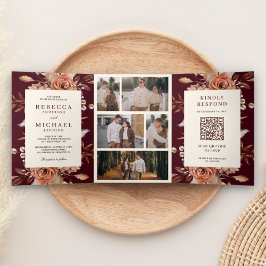 Cream Terracotta Blommigt QR Code Burgundy Bröllop