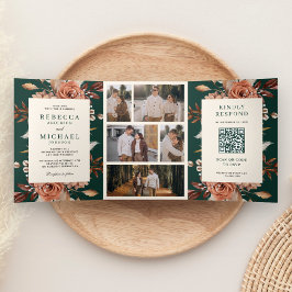 Cream Terracotta Floral QR Code Emerald Wedding