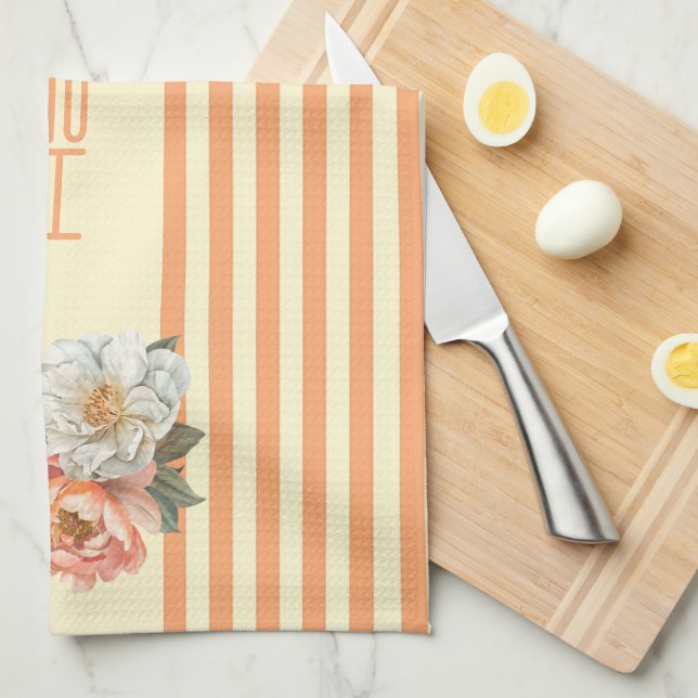 Cream Top med Orange Rand Blommigt Kökshandduk (Vikt i Fjärdedel)