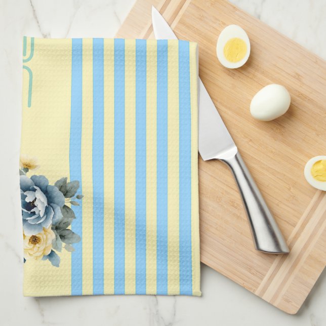 Cream Top med Teal Rand Blommigt Kökshandduk (Vikt i Fjärdedel)