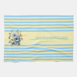 Cream Top med Teal Rand Blommigt Kökshandduk