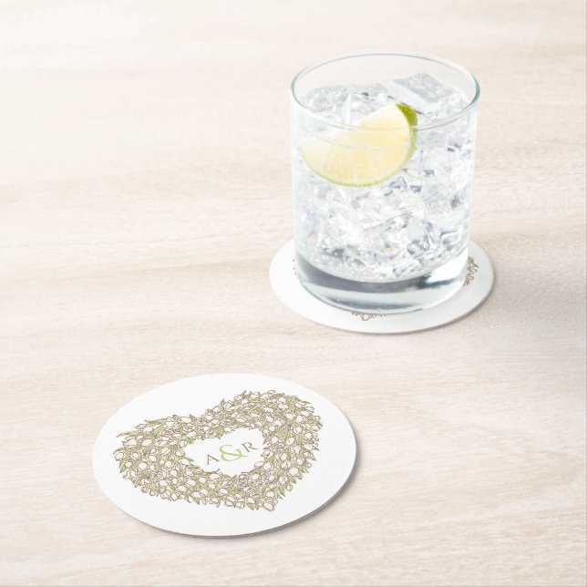 Cream tulip wand bläck teckning monogram bröllop underlägg papper rund (Insitu)