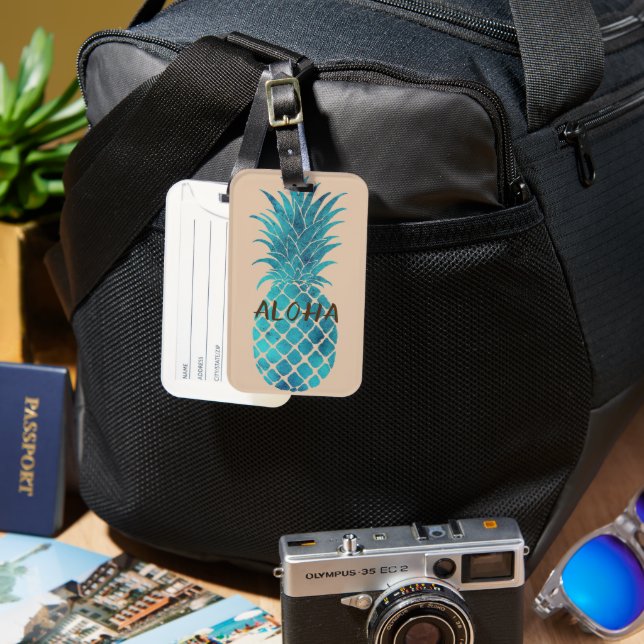 Cream Turcos Blue Tropical Pineapple Aloha Bagagebricka (Framsida & Baksida)