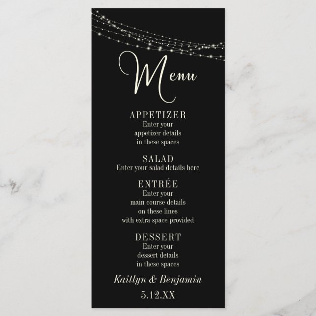 Cream Typografi 32, Svart Ljusslingar Meny (Framsida)