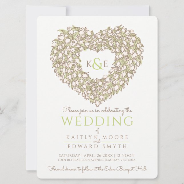 Cream vår-tulpaner teckning, hjärtat bröllop inbjudningar (Framsida)