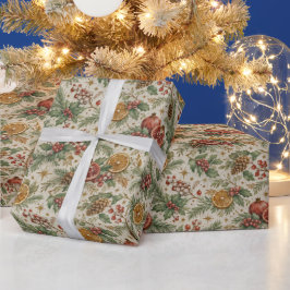 Cream Vintage Botanical Christmas Citrus Pattern Presentpapper