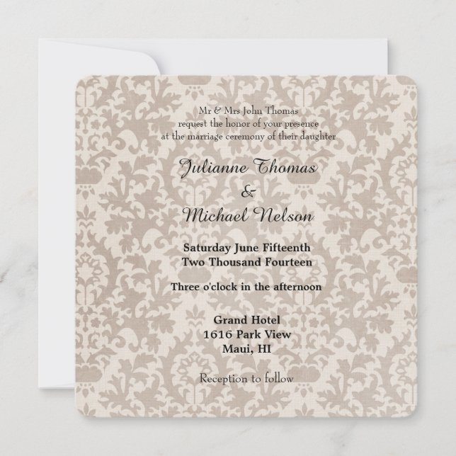 Cream Vintage Damask Wedding Inbjudningar (Framsida)