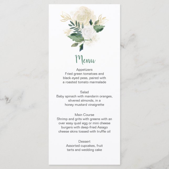 Cream Vit ros Glitter Greenery Menu-kort Meny (Framsida)