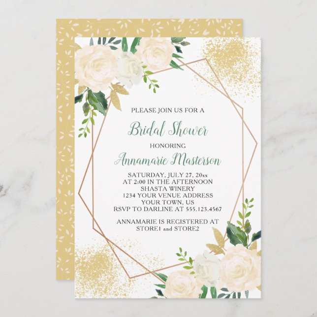 Cream Vit ros Greenery Geometric Möhippa Inbjudningar (Fram/baksida)