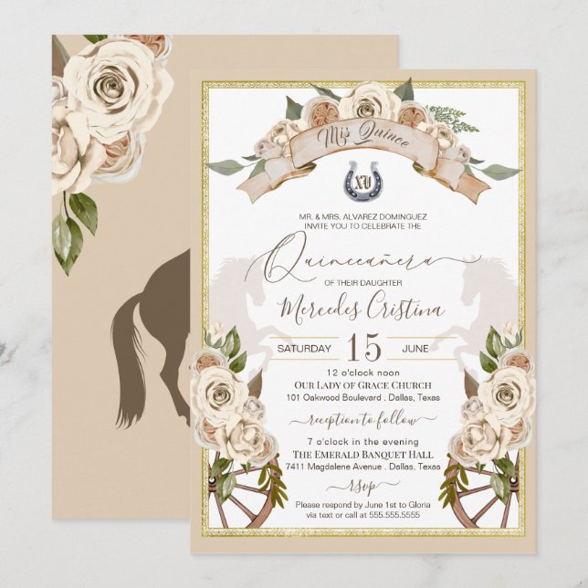 Cream Vit ros Western Charro Quinceanera Inbjudningar (Fram/baksida)