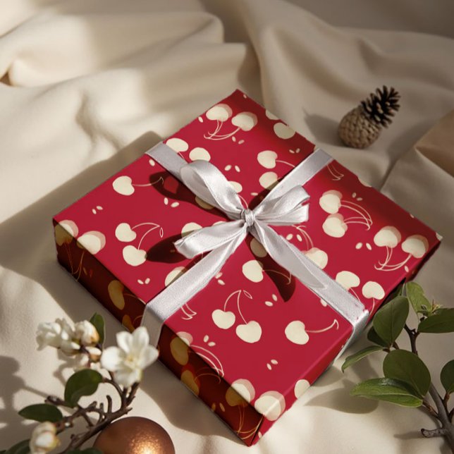 Cream Watercolor Cherries on Red – Valentine  Presentpapper (Skapare uppladdad)