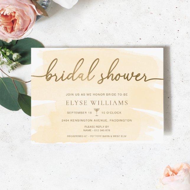Cream Watercolor Guld Möhippa Inbjudningar (Bridal Shower Invitation Cream Watercolour Gold )
