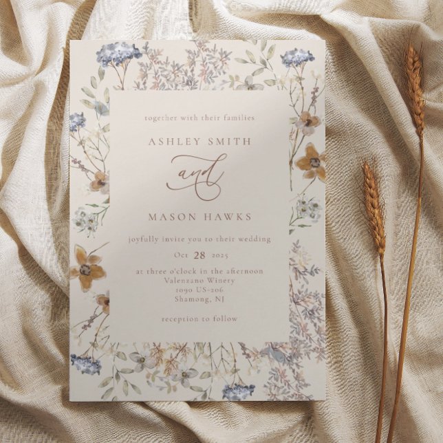 Cream Watercolor Wildblomma Calligraphy Bröllop Inbjudningar (Skapare uppladdad)