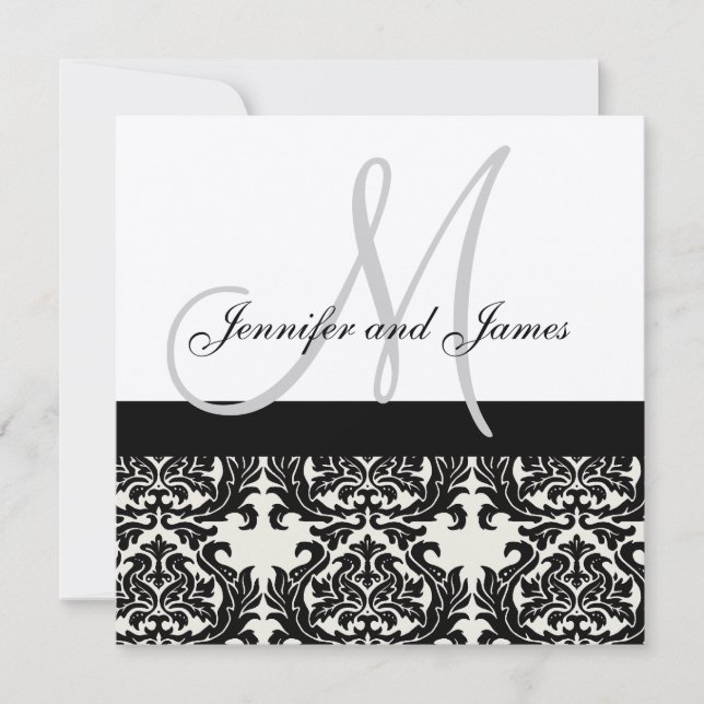 Cream Wedding bjudande Monogram Black Damask Inbjudningar (Framsida)