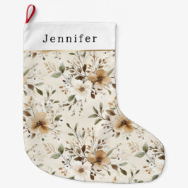 Cream White Brown Floral Christmas Stor Julstrumpa