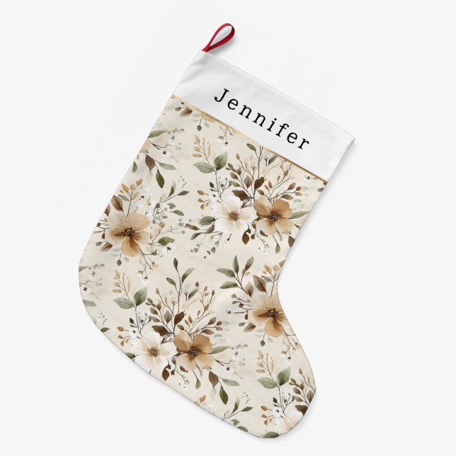 Cream White Brown Floral Christmas Stor Julstrumpa (Framsidan (Hängande))