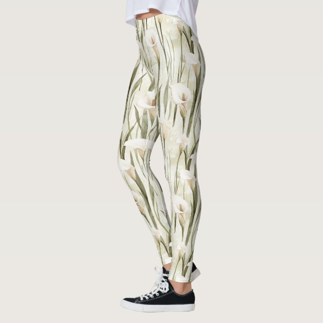 Cream White Calla Lily Blommigt Leggings (Vänster)