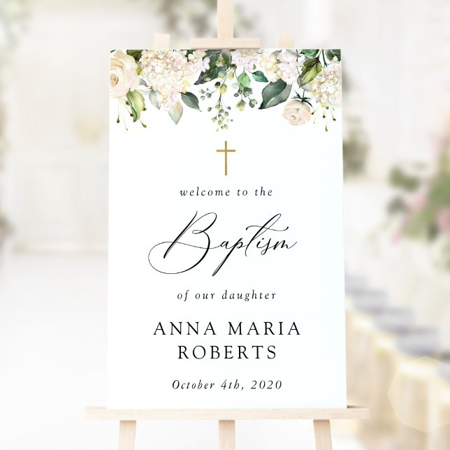 Cream White Flowers, Boho, Floral Baptism Welcome Poster (Skapare uppladdad)