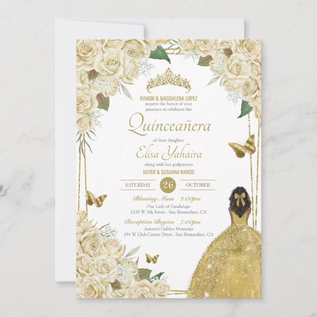 Cream White Guld Blommigt Butterfly Ro Quinceanera Inbjudningar (Framsida)