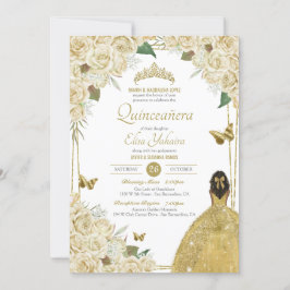 Cream White Guld Blommigt Butterfly Ro Quinceanera Inbjudningar
