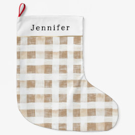 Cream White Plaid Stripes Christmas Stor Julstrumpa
