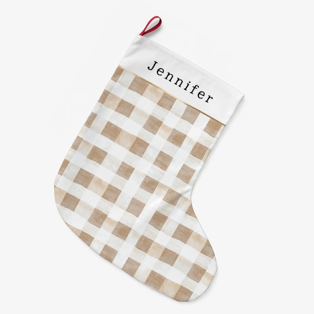 Cream White Plaid Stripes Christmas Stor Julstrumpa (Framsidan (Hängande))