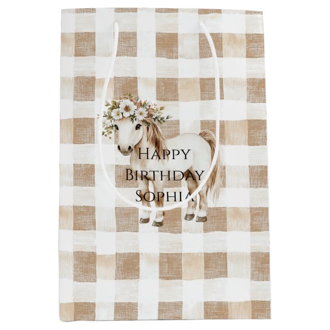 Cream White Plaid Stripes Horse Birthday (Framsidan)
