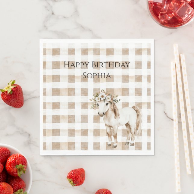 Cream White Plaid Stripes Horse Birthday Pappersservett (Insitu)