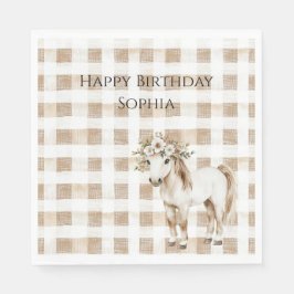 Cream White Plaid Stripes Horse Birthday Pappersservett