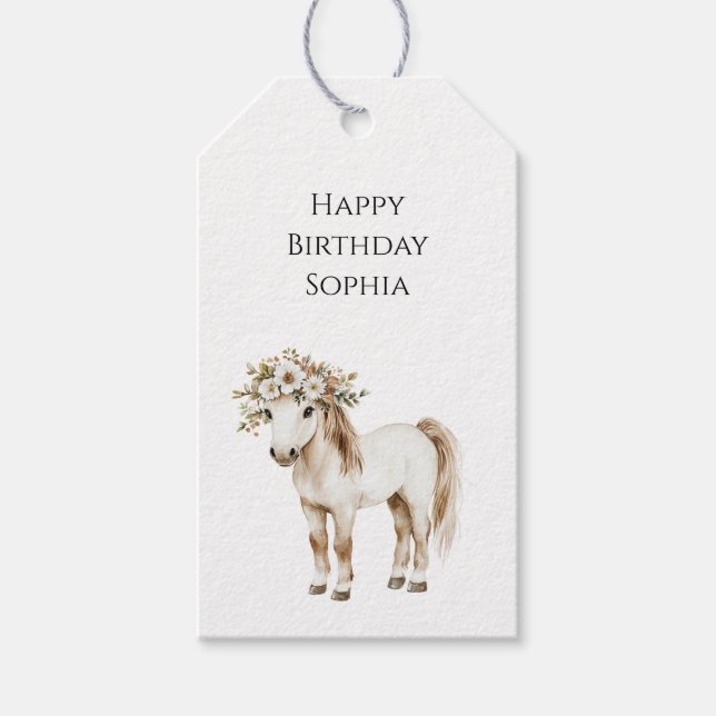 Cream White Plaid Stripes Horse Birthday Presentetikett (Framsidan)
