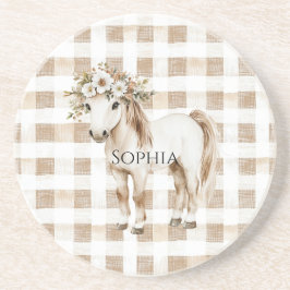 Cream White Plaid Stripes Horse Birthday Underlägg