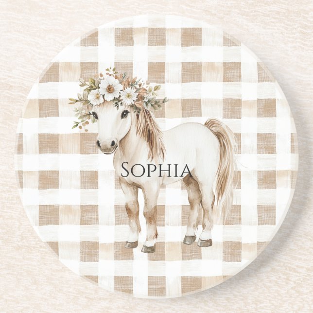 Cream White Plaid Stripes Horse Birthday Underlägg (Framsidan)