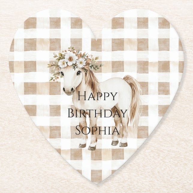 Cream White Plaid Stripes Horse Birthday Underlägg Papper (Framsida)