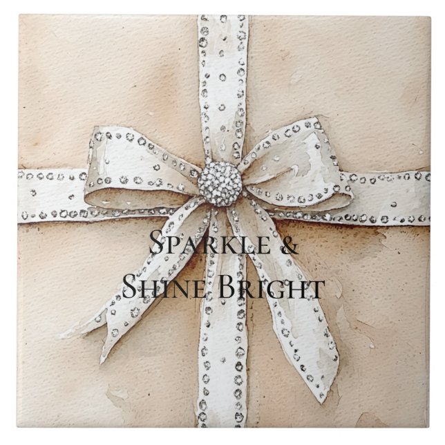 Cream White Silver Glitzy Glam Bow Birthday Kakelplatta (Framsidan)