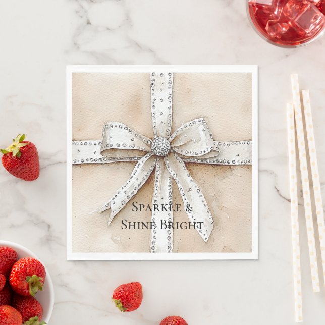 Cream White Silver Glitzy Glam Bow Birthday Pappersservett (Insitu)
