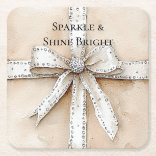 Cream White Silver Glitzy Glam Bow Birthday Underlägg Papper Kvadrat