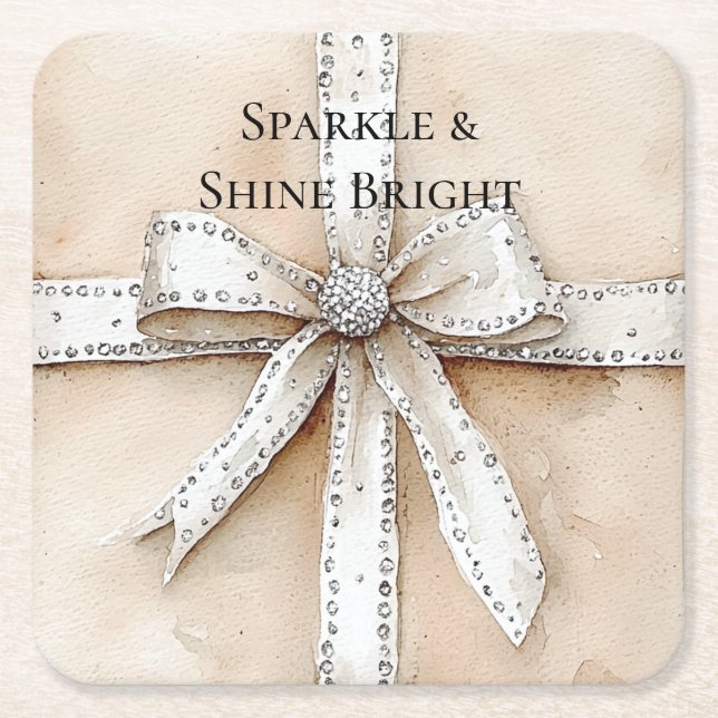 Cream White Silver Glitzy Glam Bow Birthday Underlägg Papper Kvadrat (Framsidan)
