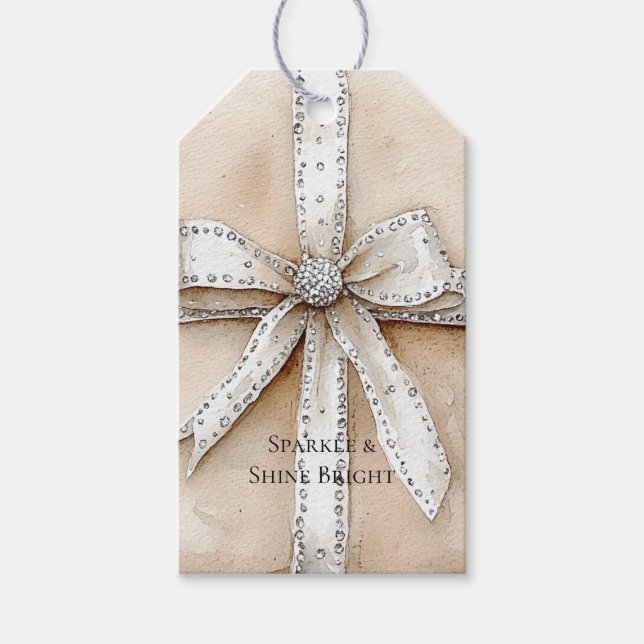 Cream White Silver Glitzy Glam Bow Presentetikett (Framsidan)