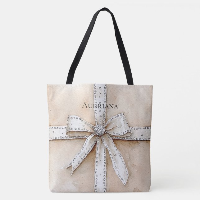 Cream White Silver Glitzy Glam Bow Tygkasse (Framsida)