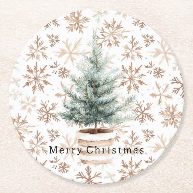 Cream White Snowflakes Christmas Tree  Underlägg Papper Rund (Framsidan)