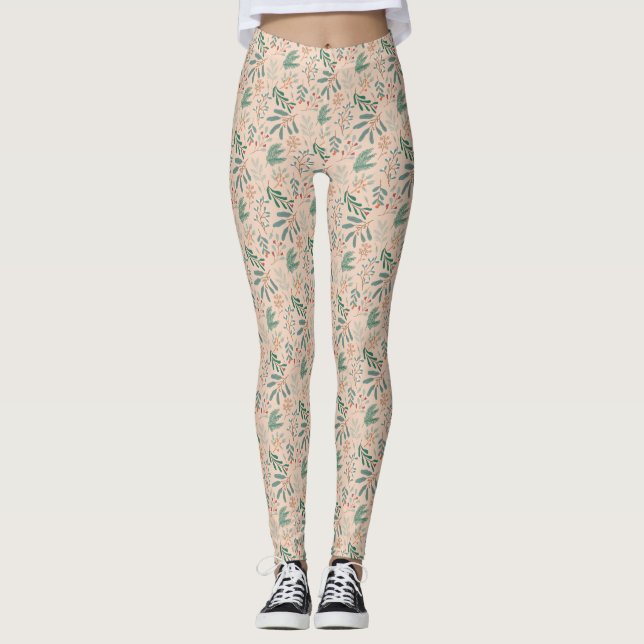 Cream Winter Botanical Mönster Leggings (Framsida)